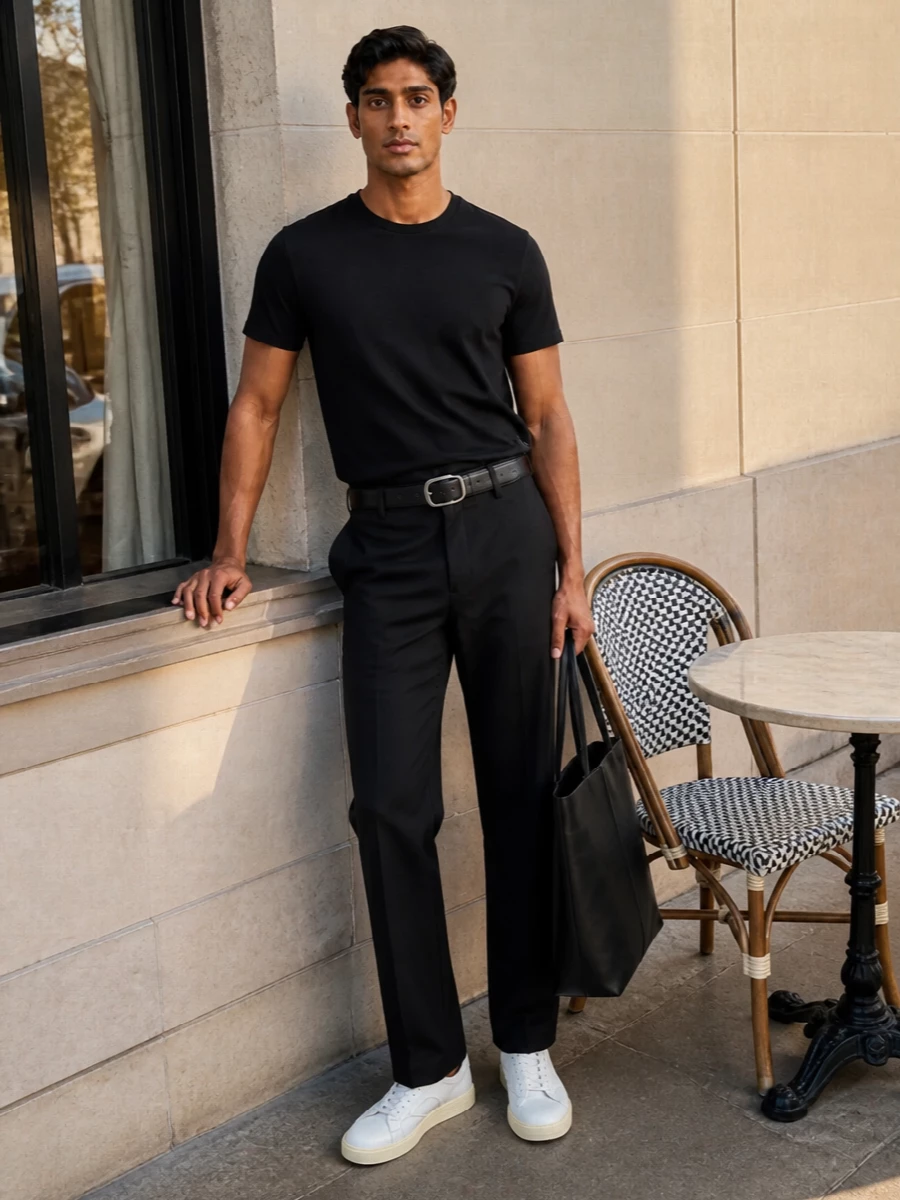 Ink-on-ink Jil Sander tailoring meets a disciplined tee for a calm, monochrome base, sharpened by a precise straight leg. Clean white sneakers keep it relaxed but intentional, while the tall black tote and wide belt bring subtle structure. It is an easy city uniform that reads considered from desk to late glass of wine.
