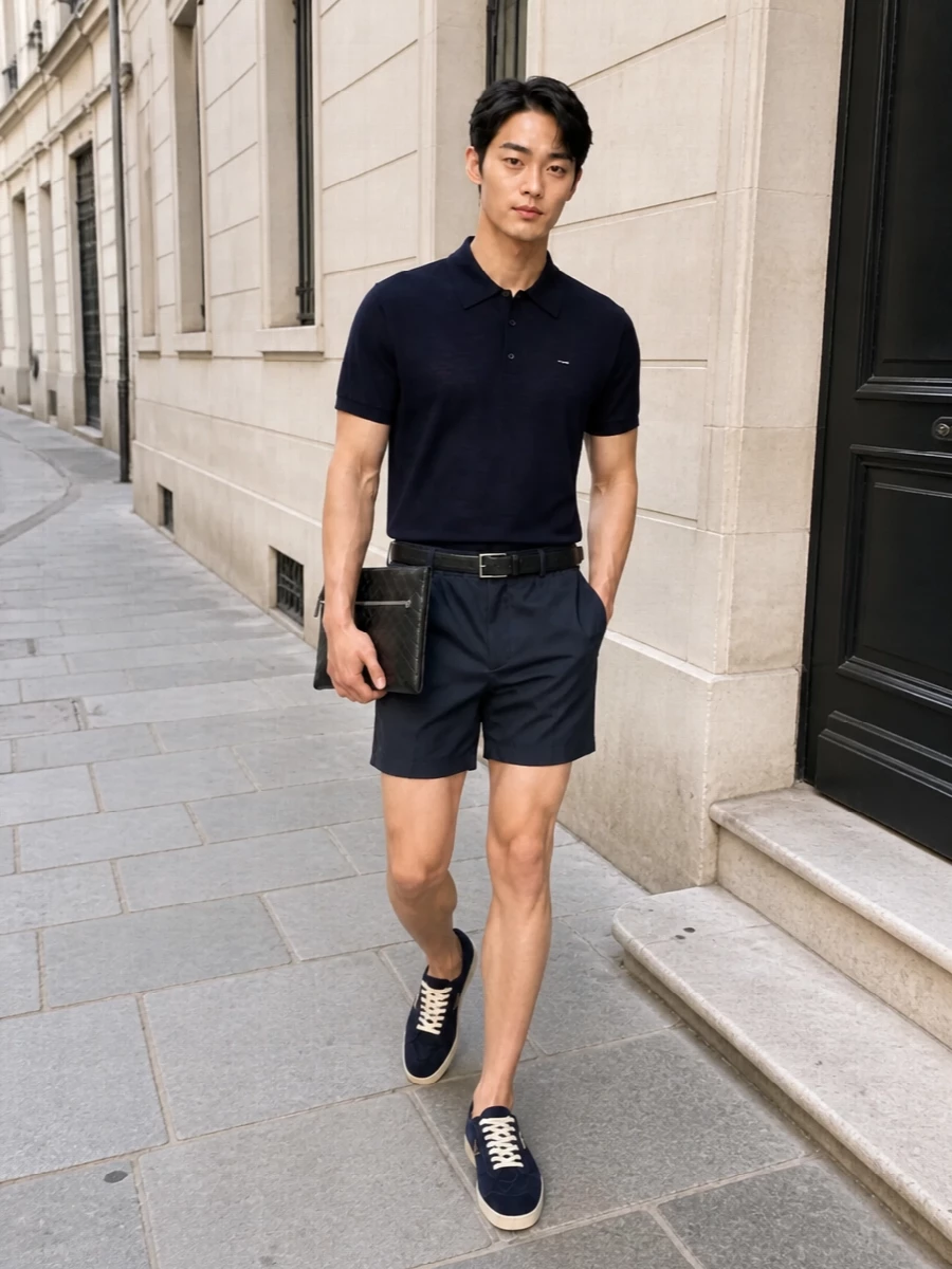 Prada navy knit polo swim shorts outfit