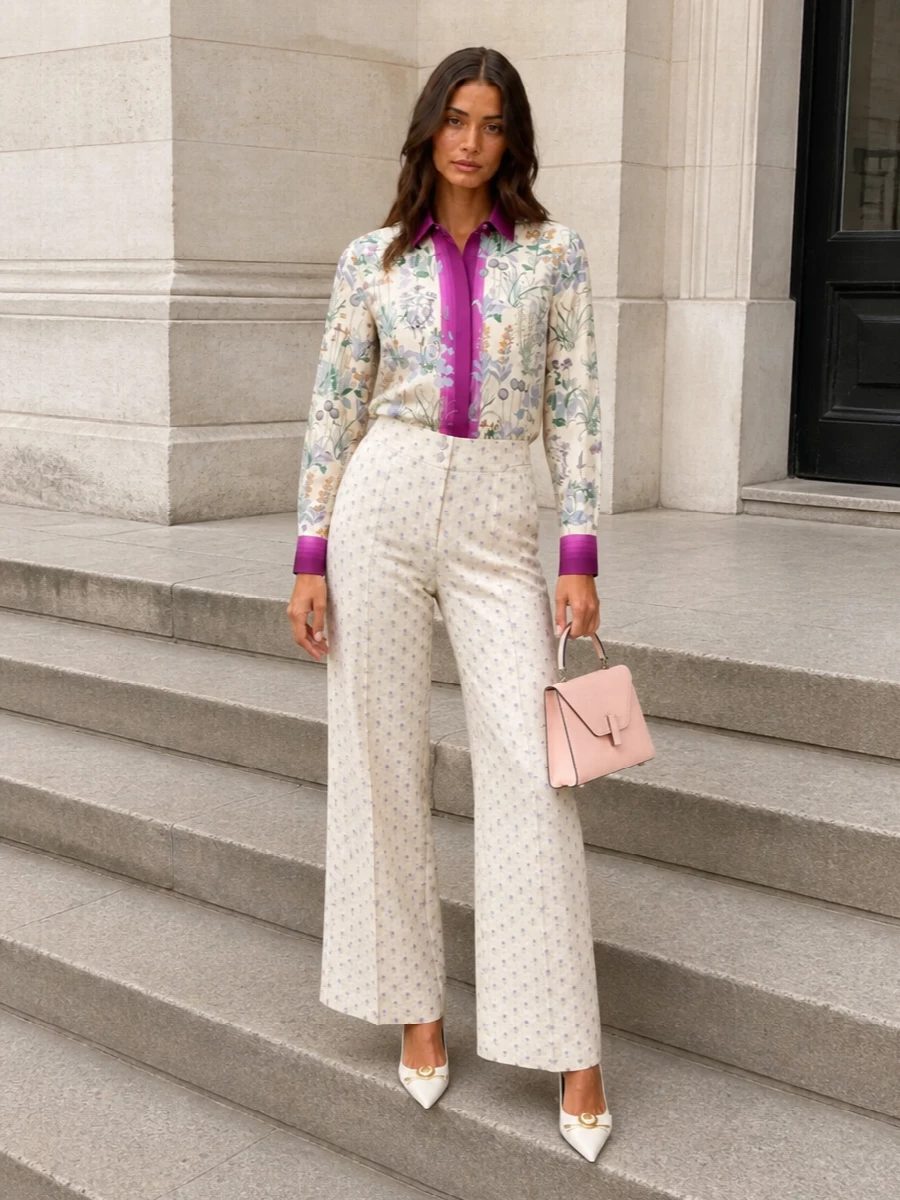 Gucci’s botanical blouse is grounded with Valentino’s softly playful polka-dot wide-leg trouser for a romantic, tailored pairing that still feels light. Ivory slingback pumps keep the line sharp without heaviness, while a powder-pink mini top-handle adds a quiet hit of color that relates back to the magenta collar. The result is a polished spring outfit that moves easily from lunch meetings to dinner in the city.