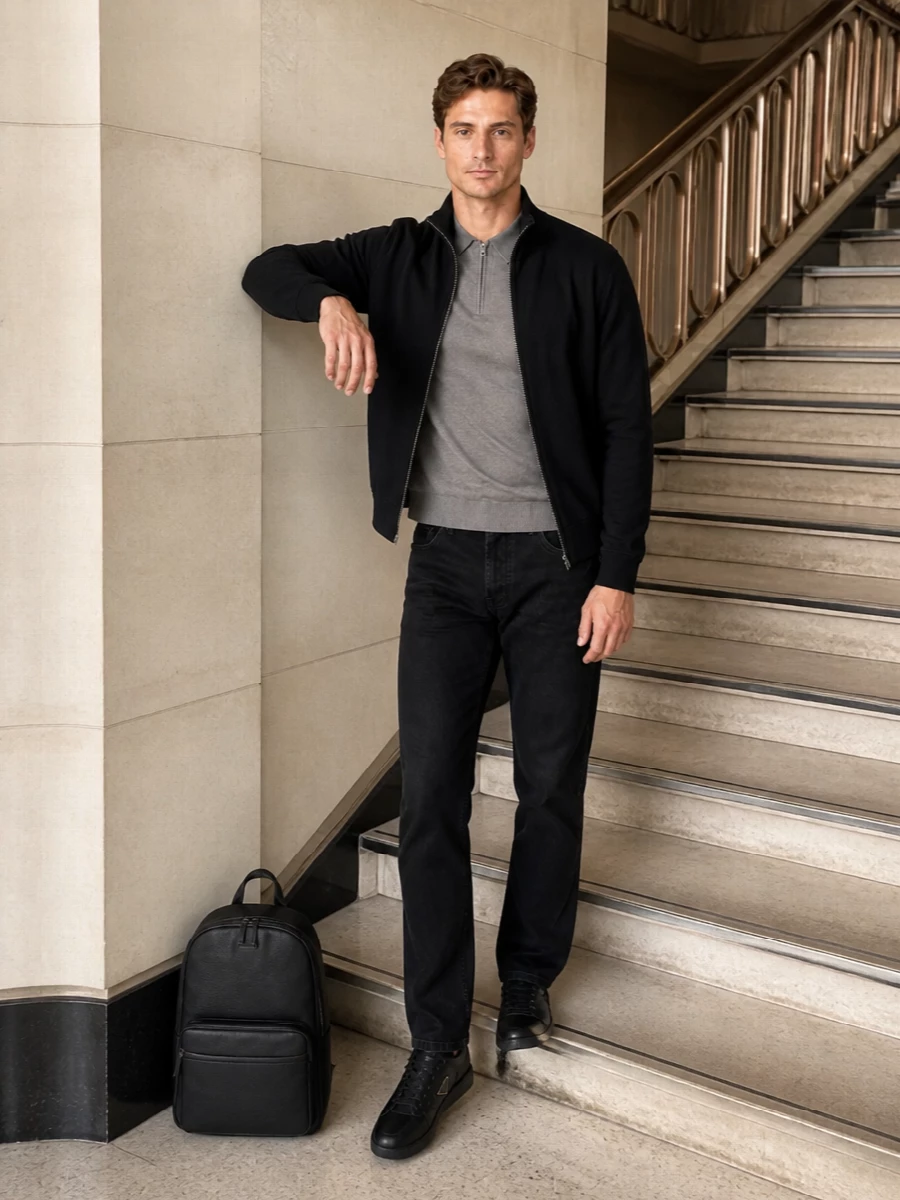 Brioni zip jacket dark denim prada sneakers