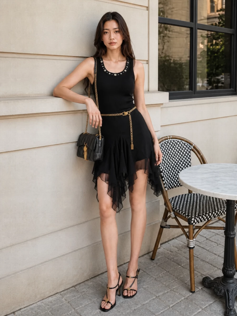 Versace black asymmetric mini skirt party outfit