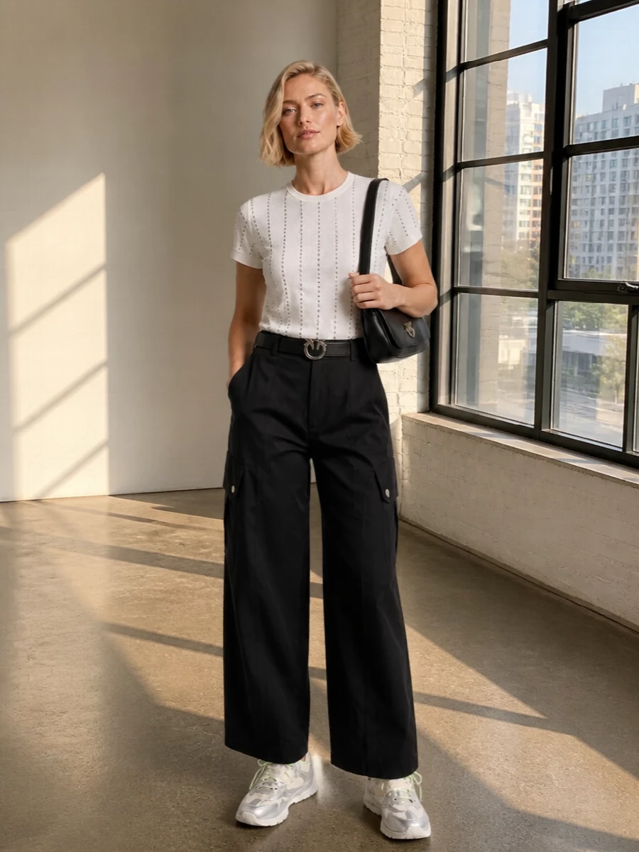 A studded off white tee meets structured charcoal cargos for a clean, high-rise silhouette with real city attitude. Silver hardware is echoed in the sneakers and belt, while a sharp black shoulder bag keeps everything grounded and club-ready without feeling overdone.
