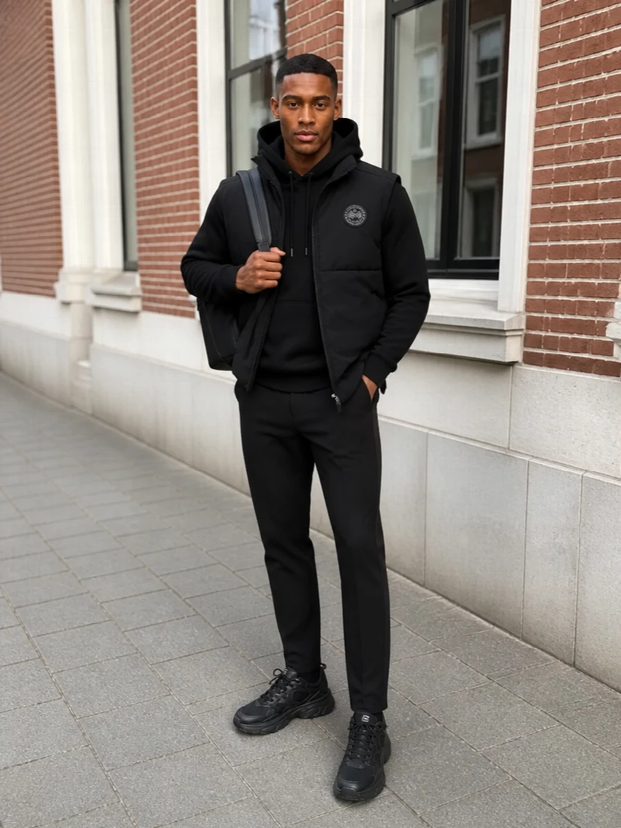 Canada goose gilet black joggers sneakers outfit