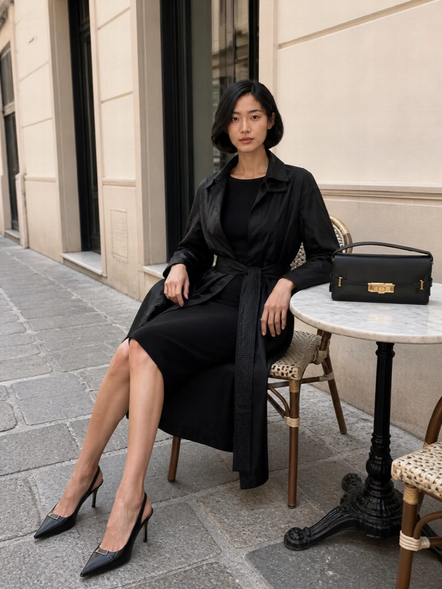 This pairing leans fully into monochrome city polish: a sleek black knit sheath under the water-resistant belted coat keeps the lines long and quietly dramatic. The pointed slingbacks and structured gold-detailed shoulder bag sharpen the silhouette without disturbing the restraint. I chose the dress route over separates to echo the coat’s fluid length and give you an easy day-to-dinner uniform built on clean, uninterrupted black.