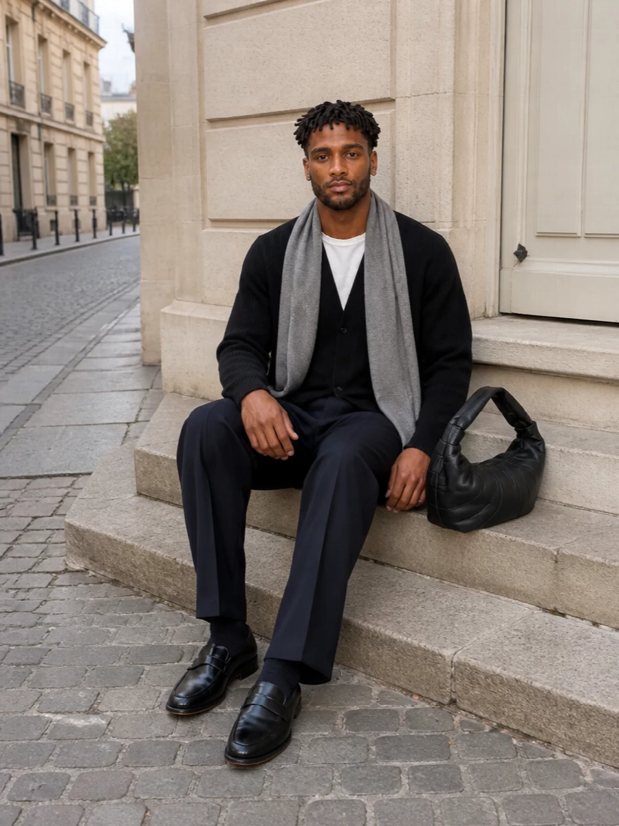 Lardini cardigan navy trousers black loafers