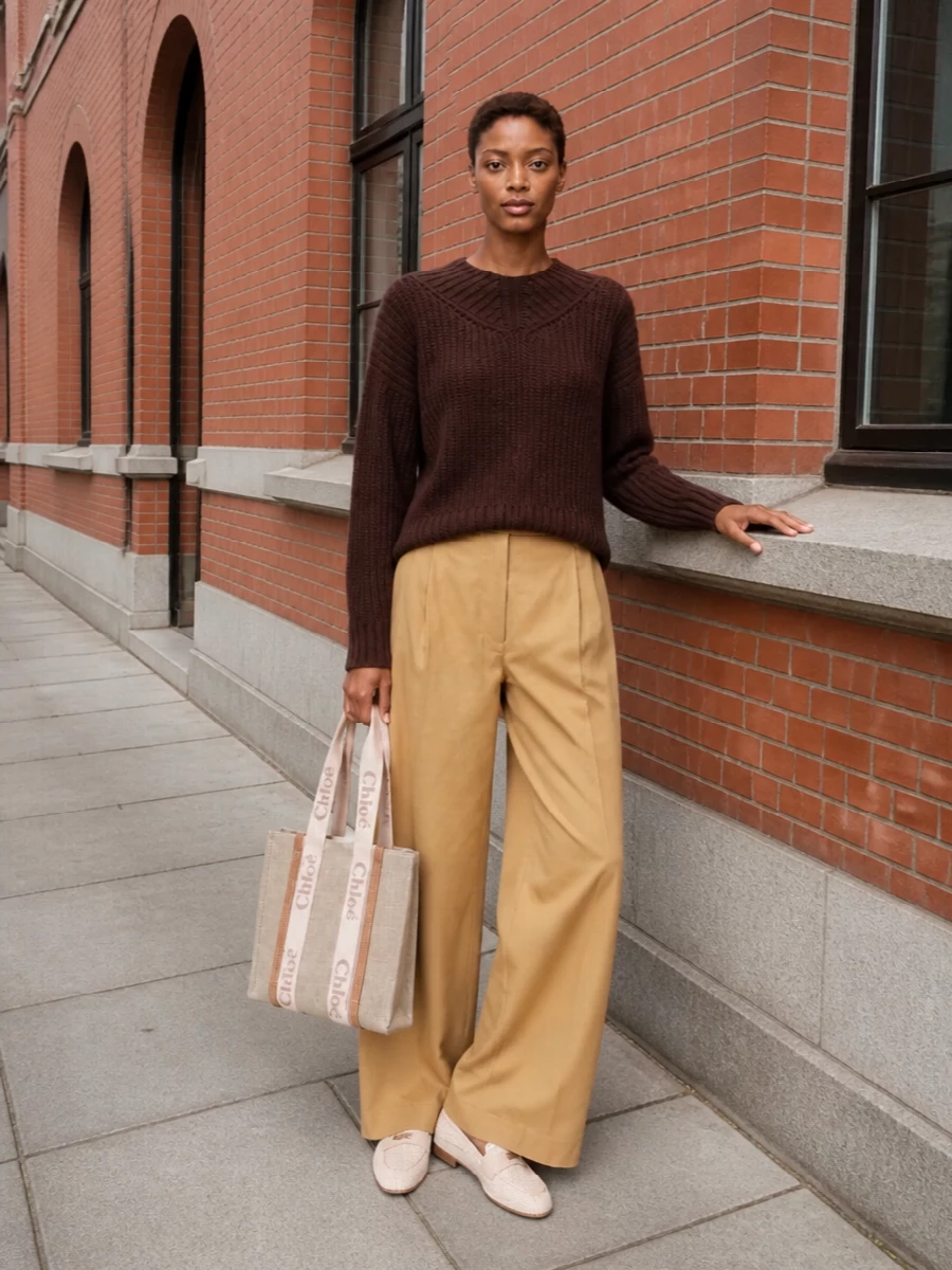A rich chocolate knit with high-low movement meets a tailored camel wide leg for a calm, elongated silhouette around the Chloé tote. The warm browns and soft beiges stay firmly in a minimalist, quiet-luxury register, suitable for relaxed office days or city errands. Choosing the sweater-and-trouser path over a dress keeps the styling more versatile and day-focused, in tune with the tote’s easy, everyday polish.