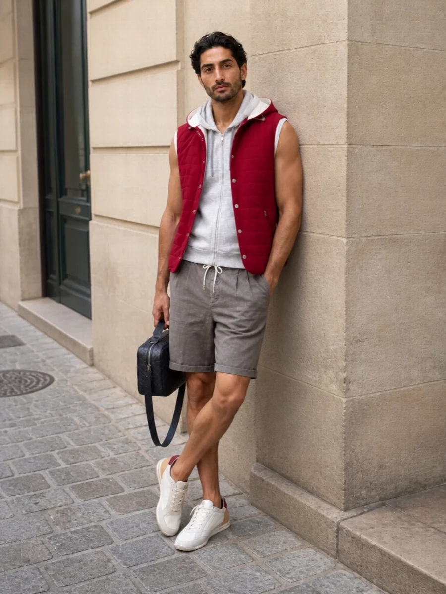 Brunello cucinelli red gilet athleisure outfit