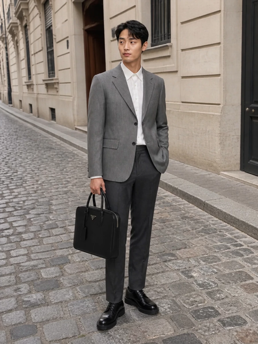 Prada grey blazer trousers modern office style