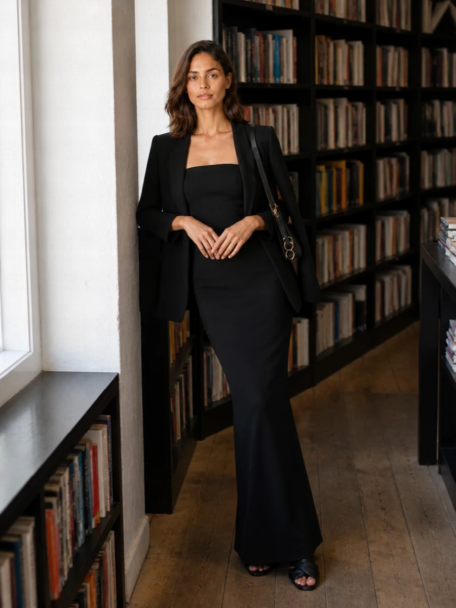 Rick owens black blazer strapless gown outfit