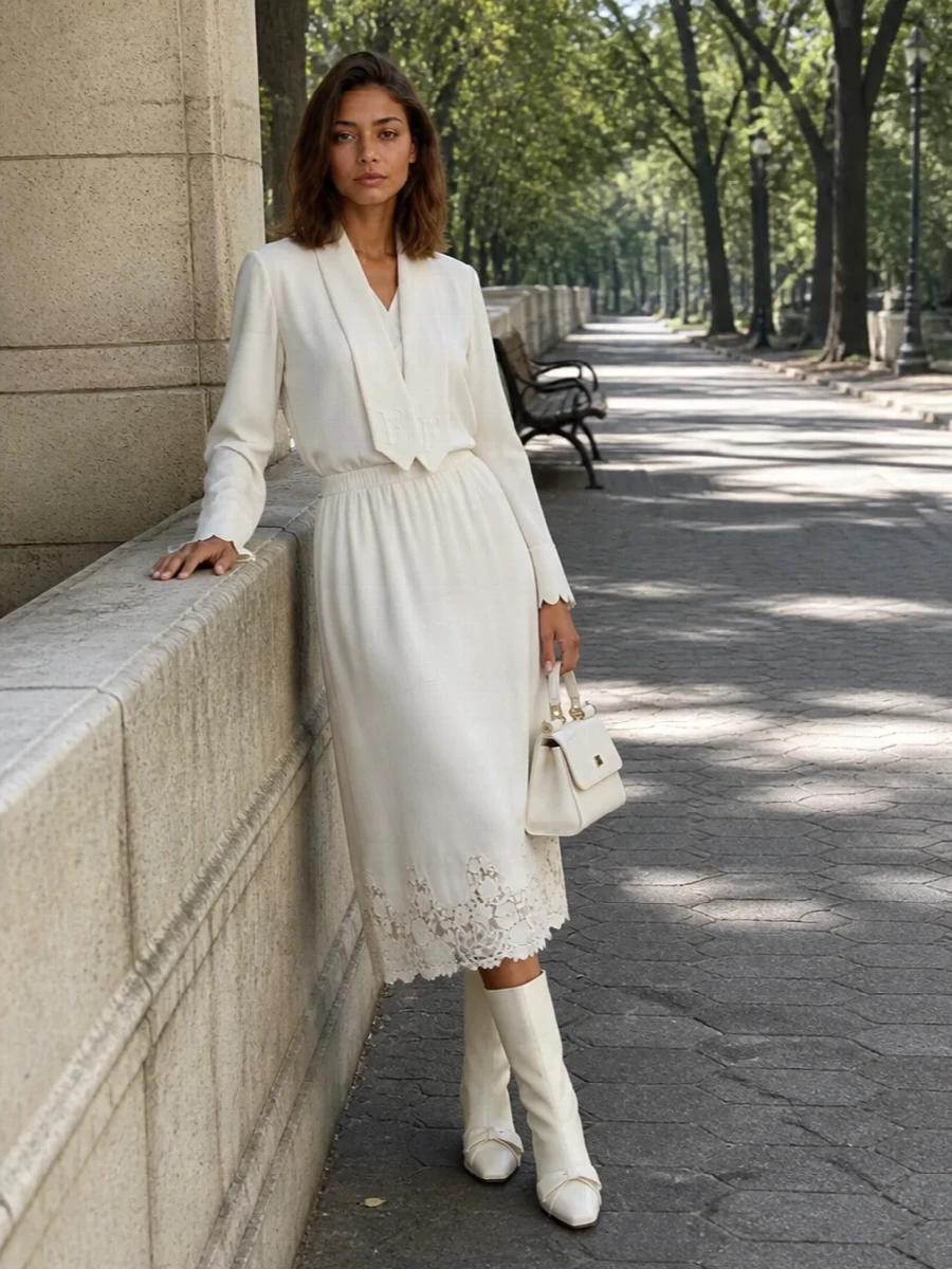 An all‑ivory story keeps the Alberta Ferretti lace skirt luminous and romantic, paired with a fluid draped blouse that echoes its scalloped femininity. Sculptural Valentino boots and a crisp ivory top‑handle bag sharpen the softness just enough for winter dinners or intimate celebrations. The result is quietly rich, feminine and polished without tipping into fussiness.
