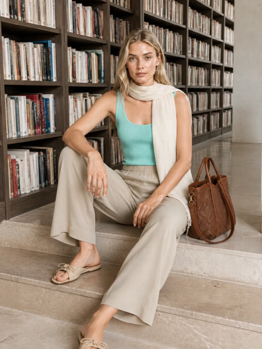 Aqua and light beige meet in a quietly polished summer pairing, with the ribbed tank tucked into fluid wide-leg trousers for a long, relaxed line. Barely-there suede slides keep it soft and low-key, while the cognac bucket and ivory scarf introduce subtle texture and warmth. It feels composed enough for city days yet easy for a seaside afternoon.