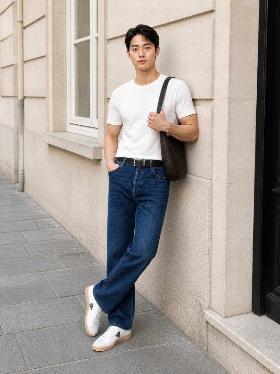 The soft‑white The Row tee is grounded with their mid‑indigo straight‑leg denim, keeping the silhouette clean and relaxed while still sharply considered. Crisp white Prada sneakers echo the tee’s purity, and the deep‑espresso Bottega crossbody with a subtle textured belt introduces just enough contrast and craftsmanship to feel quietly luxurious without breaking the minimal mood.