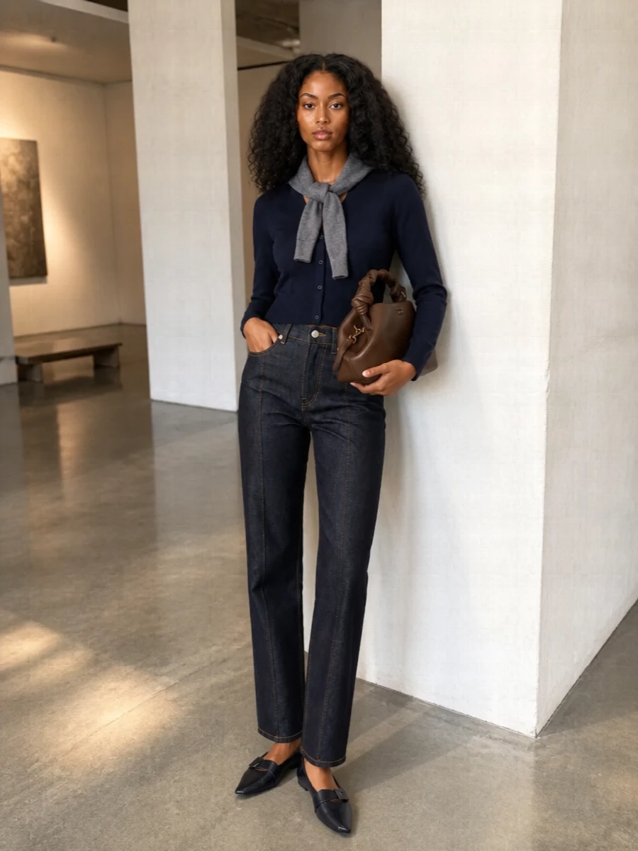 Navy knit paired with dark indigo denim keeps the palette deep and minimal, with the high waist of the jeans meeting the cropped hem for a clean, preppy line. Pointed black flats and a structured chocolate tote add quiet sharpness, while the sculpted grey neck wrap introduces just enough detail without disturbing the calm mood.
