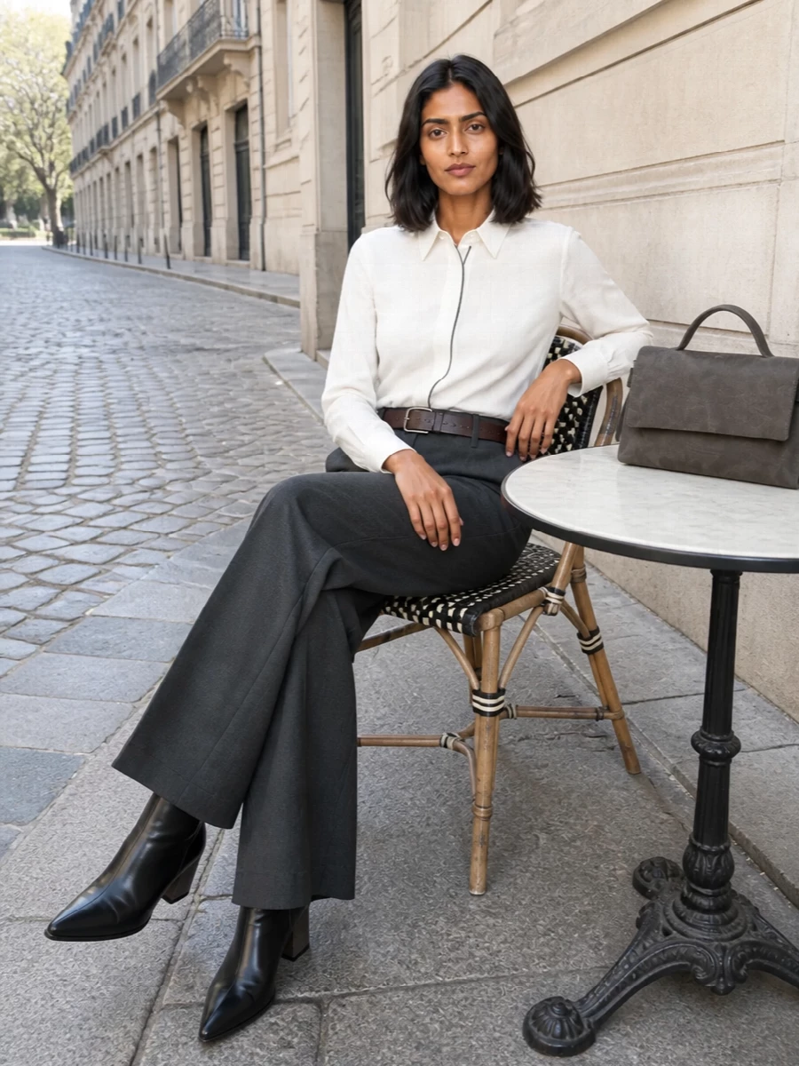Brunello cucinelli charcoal trousers ivory shirt