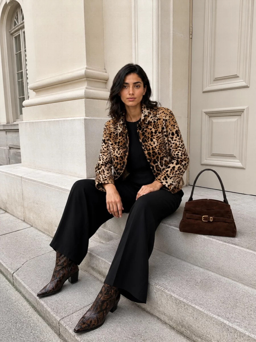 S max mara leopard jacket black jumpsuit