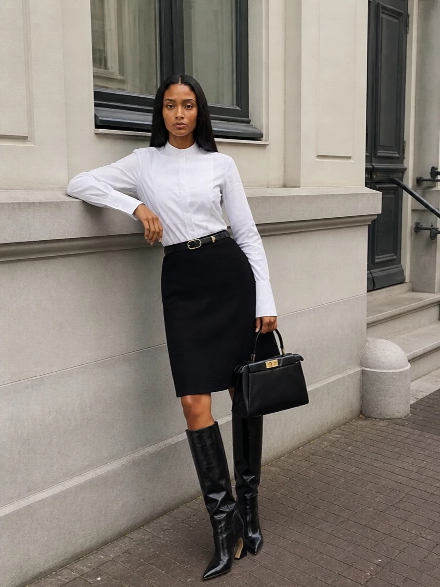 Fendi black a line skirt white shirt knee boots
