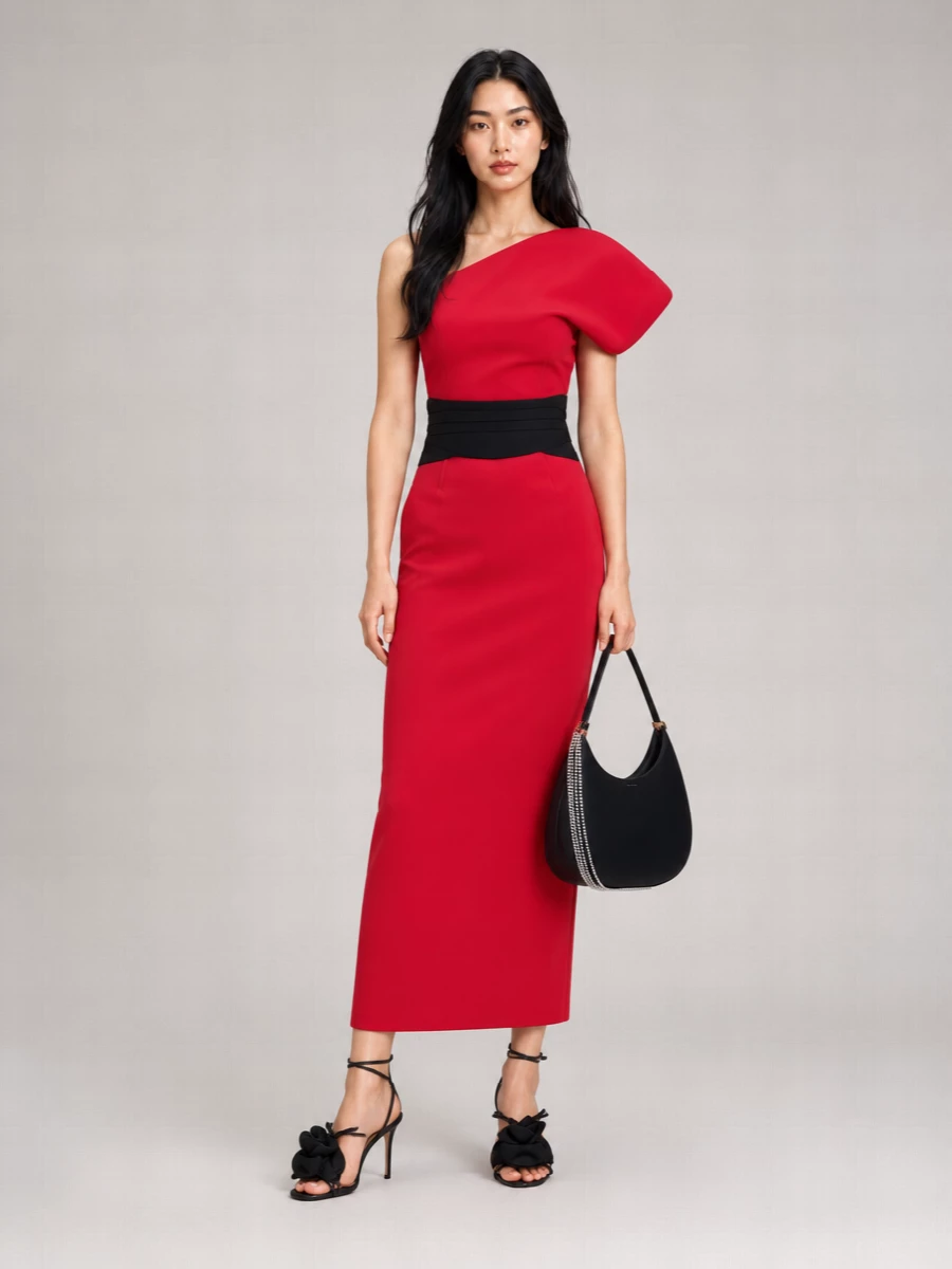 Magda Butrym Wool One-Shoulder Fitted Midi Dress