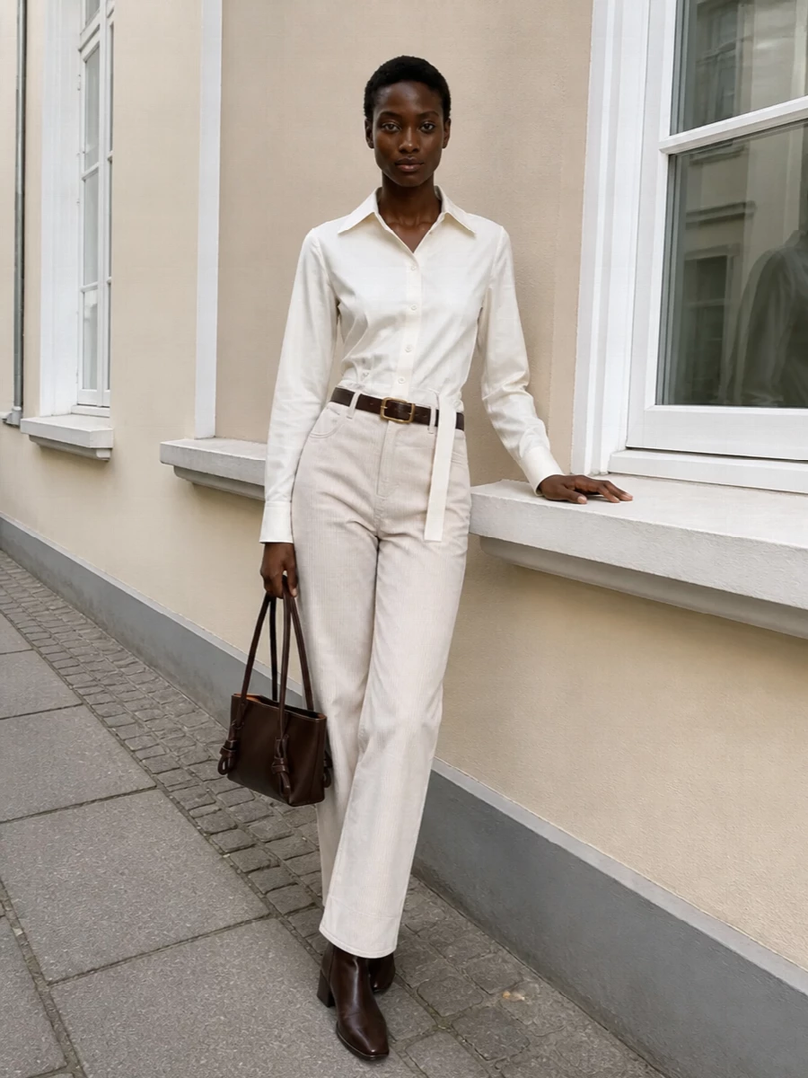 Rohe corduroy trousers ivory shirt brown boots