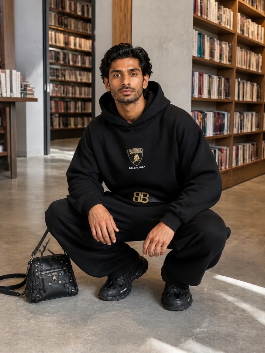 Head-to-toe Balenciaga motorsport energy, built around a black crest hoodie and matching wide-leg track pant, reads like a luxury team uniform rather than casual separates. Chunky black runners keep the proportions grounded and fast, while the moto crossbody and gold-buckle belt add just enough hardware to signal intent without breaking the monochrome flow.