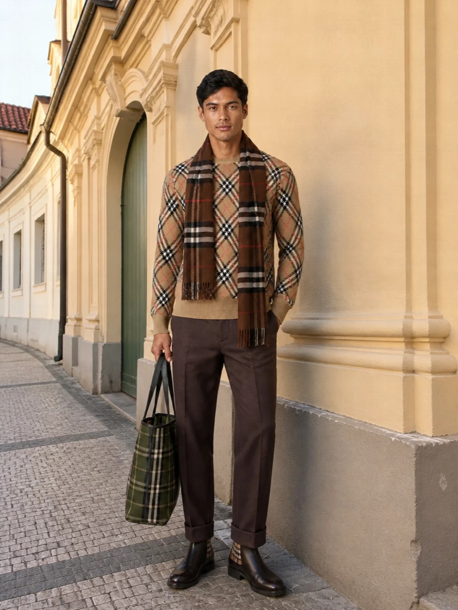 Burberry camel argyle sweater brown trousers outfit