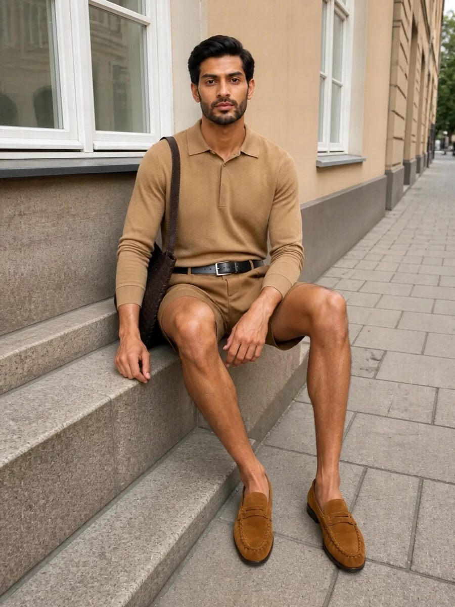 Camel shorts knit polo outfit men