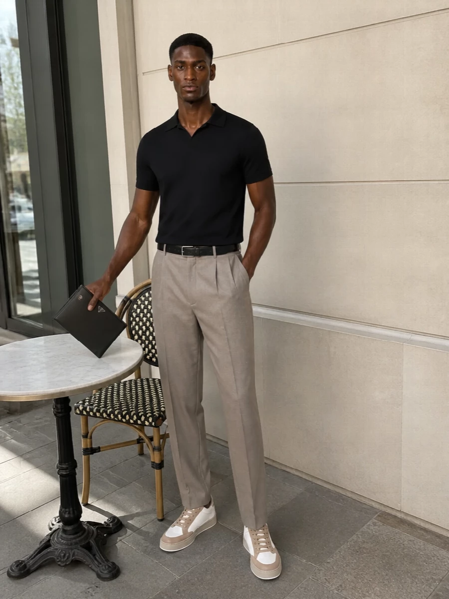 Giorgio armani black polo taupe trousers outfit