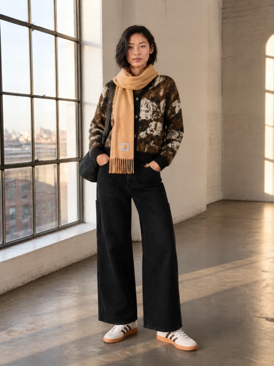 Carhartt cardigan wide leg pants adidas sneakers