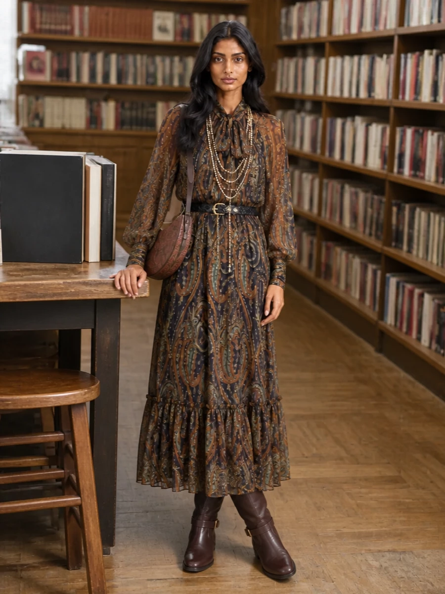 Etro paisley maxi dress brown boots outfit