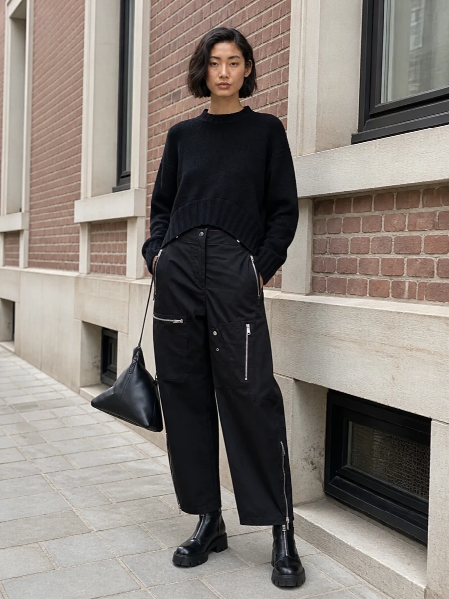 I built this around the asymmetric Attico knit and Fendi cargo trouser, using the Prada boots’ hardware and weight as the anchor for a dark, urban streetwear story. The high-waisted, relaxed-leg cargo balances the chunky ankle boot, while the cropped front of the knit and sharp triangular Attico bag keep the proportions intentional and quietly graphic. I chose top and bottom over a dress to lean into a more utilitarian, city-ready silhouette that feels modern and adaptable from day to night.