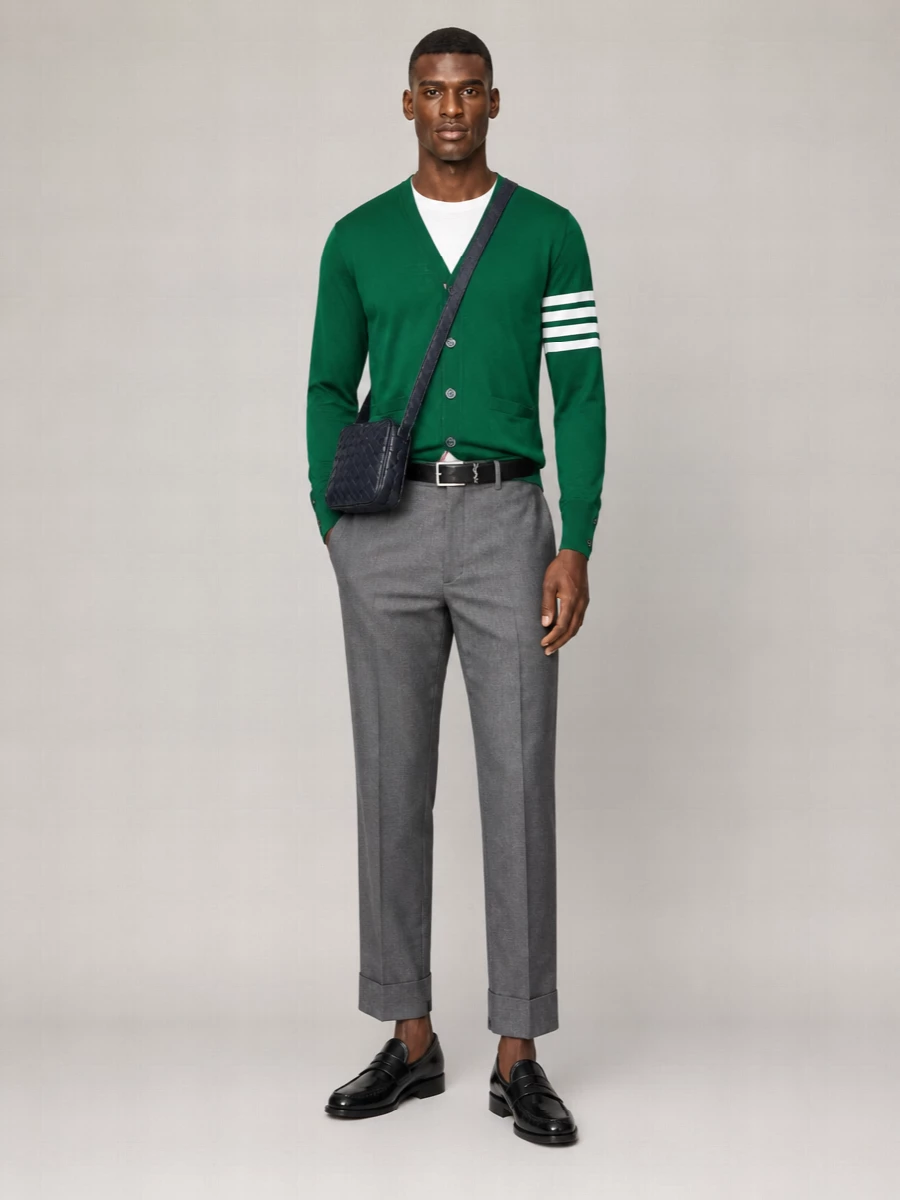 Thom Browne Fine-Knit Wool Striped V-Neck Cardigan