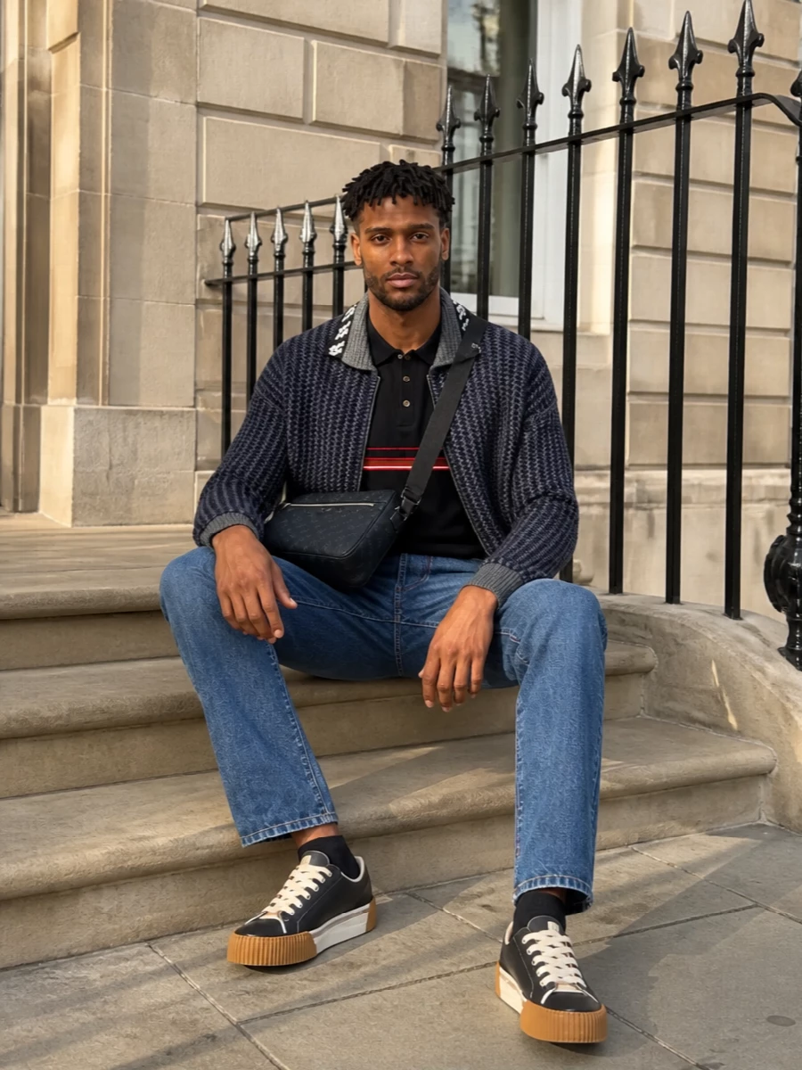 Versace navy bomber jeans sneakers outfit