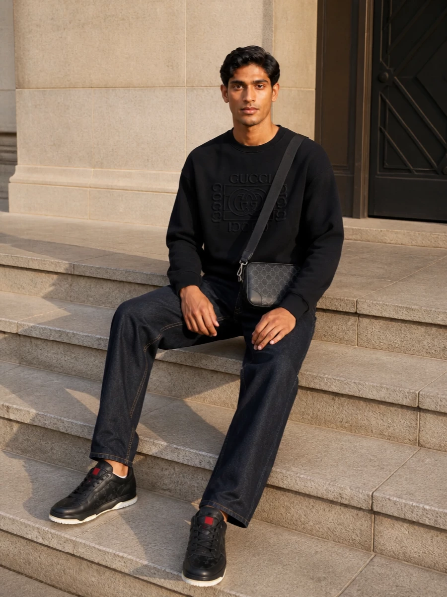 Gucci black sweatshirt dark denim sneaker outfit