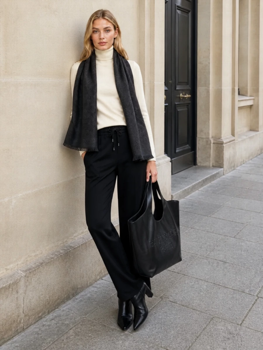 The row black track pants turtleneck outfit