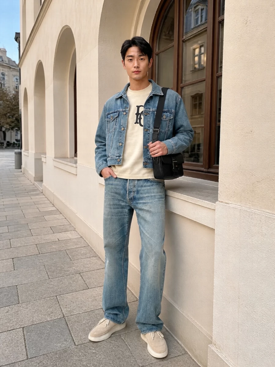 Fear of god denim jacket relaxed jeans outfit