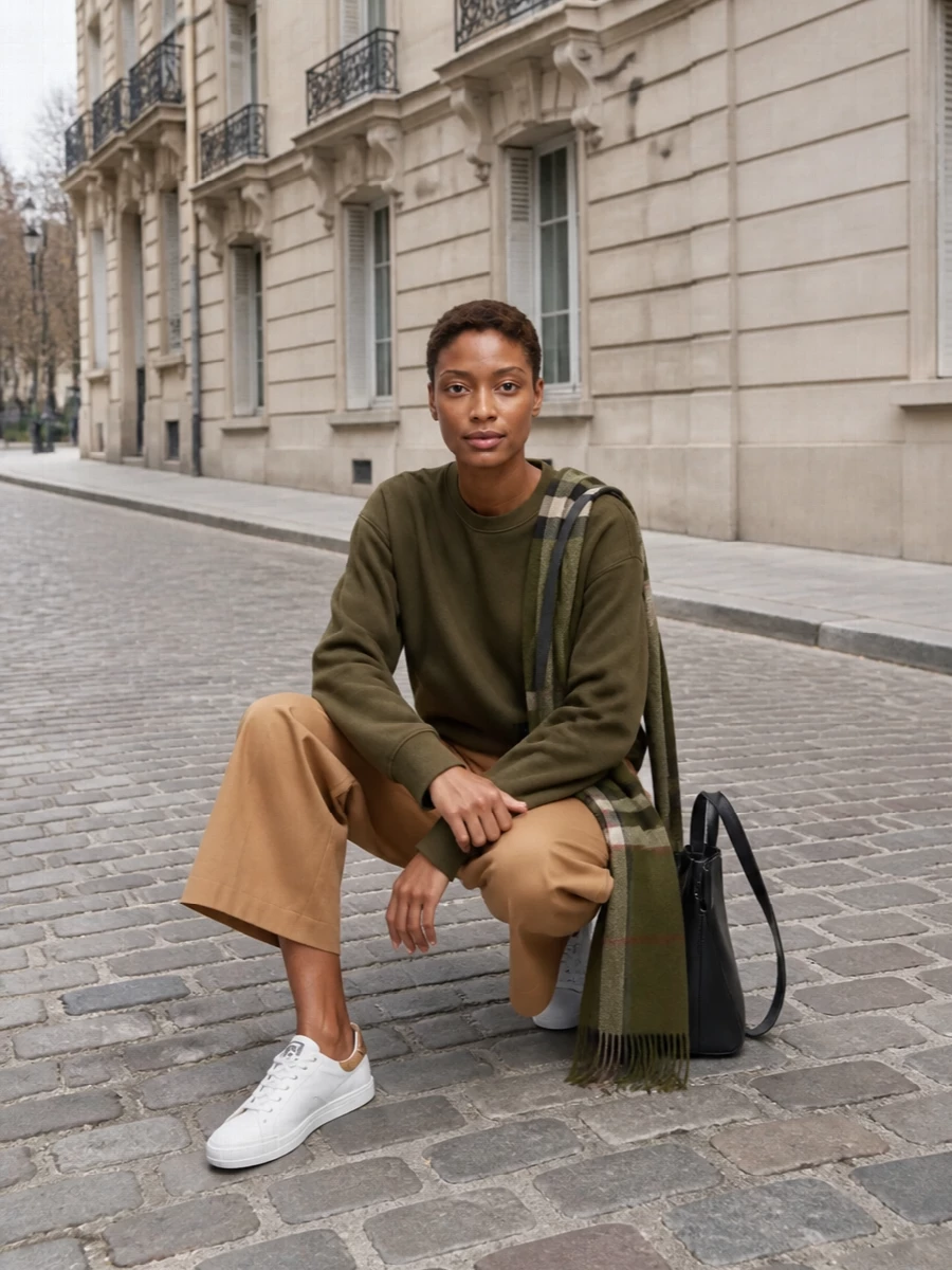 Olive and camel sit together in a calm, grounded palette, with the cropped chino sharpening the relaxed sweatshirt just enough for city days. White heritage-detailed sneakers keep it sporty but refined, while the sculpted black shoulder bag and soft check scarf add a subtle graphic edge that still feels understated.