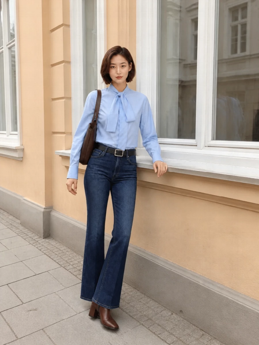 Mother flared jeans pale blue shirt ankle boots