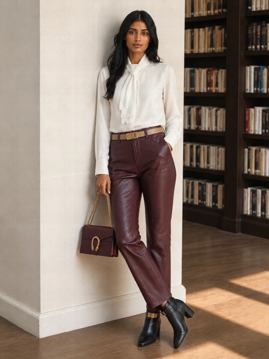 Alberta ferretti leather trousers silk shirt boots