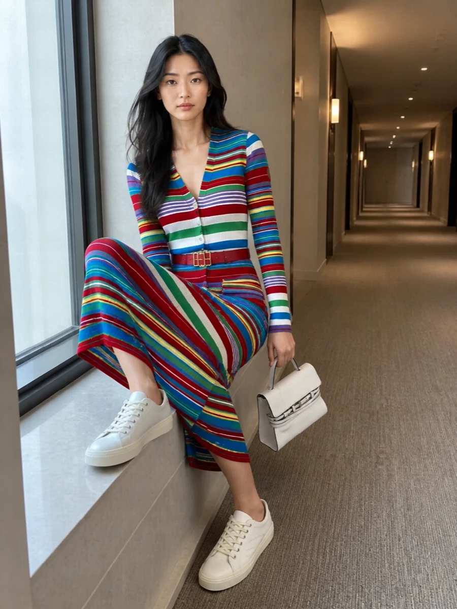 Moschino striped knit dress white sneakers outfit