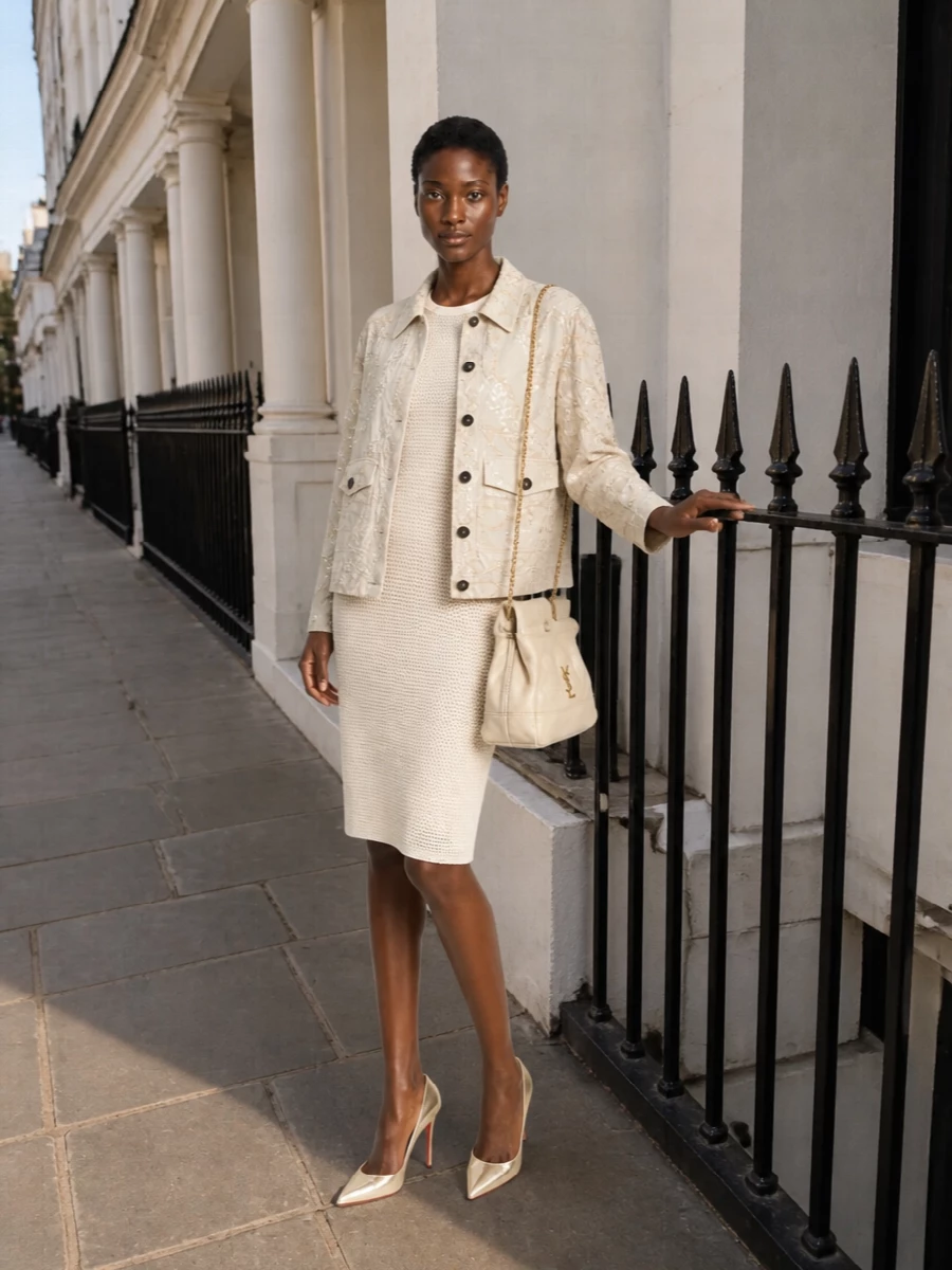 I chose the dress path to keep the Brunello Cucinelli jacket as the sole tailored layer and let its sequins whisper over a clean ivory column, rather than creating bulk with a separate top and trouser. The Bottega knit sheath, champagne Louboutin pumps and buttercream Saint Laurent pouch form a quietly luminous evening ensemble in warm neutrals that feels polished for terraces or gallery openings without tipping into high-shine drama. The proportions stay long and lean, so the utility-inspired jacket reads intentionally relaxed over a refined base.