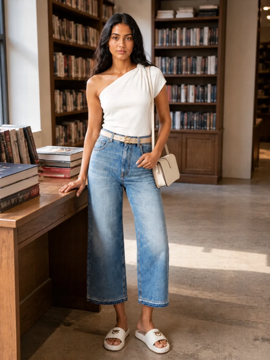 A soft one-shoulder tee meets sun-faded, cropped wide-leg denim for an easy, off-duty mix of romance and minimalism. Off-white platform slides and an ivory shoulder bag keep the palette airy and cohesive, while a nude-blush belt gives just a hint of waist definition and polish. It is relaxed enough for day yet considered enough for terrace lunches and low-key evenings.