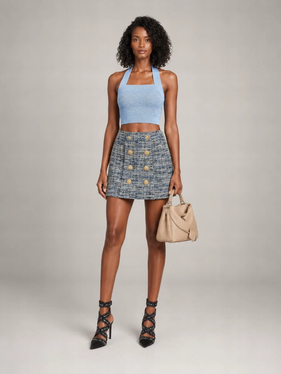 Balmain Metallic-Knit Monogram Crop Top