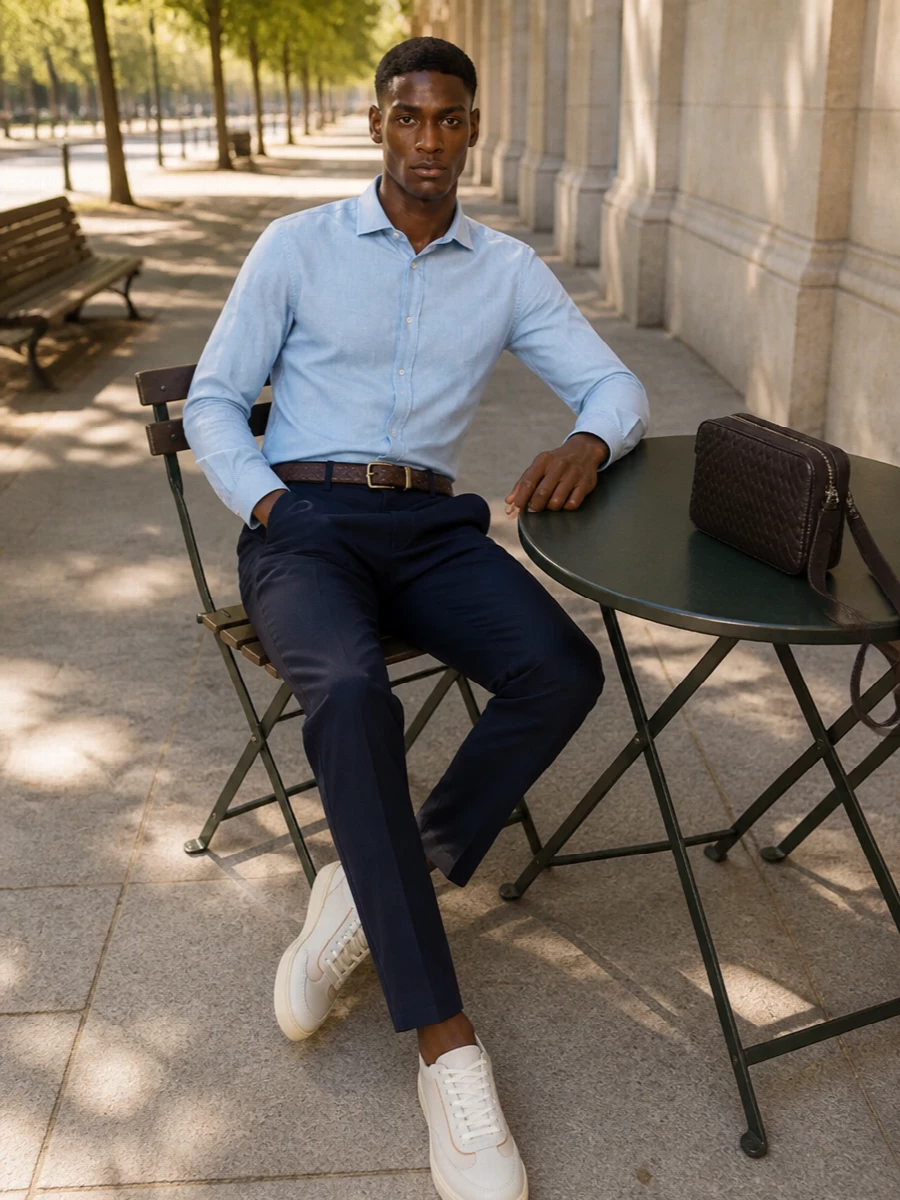 Brunello cucinelli shirt navy trousers outfit
