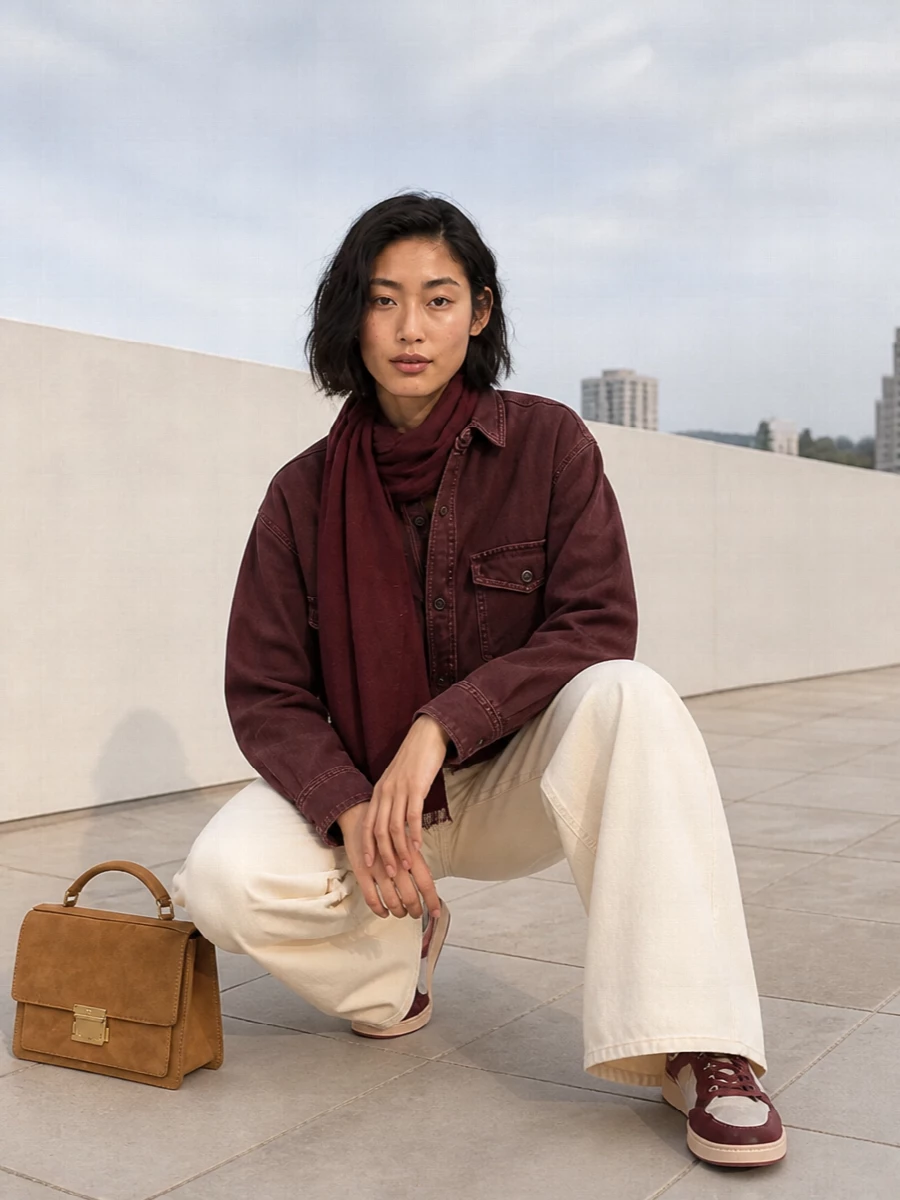 Golden goose burgundy shirt cream wide leg jeans