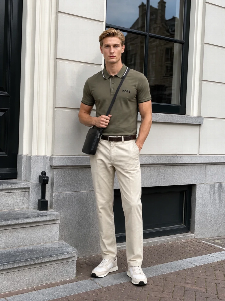 Boss olive polo beige chinos white sneakers