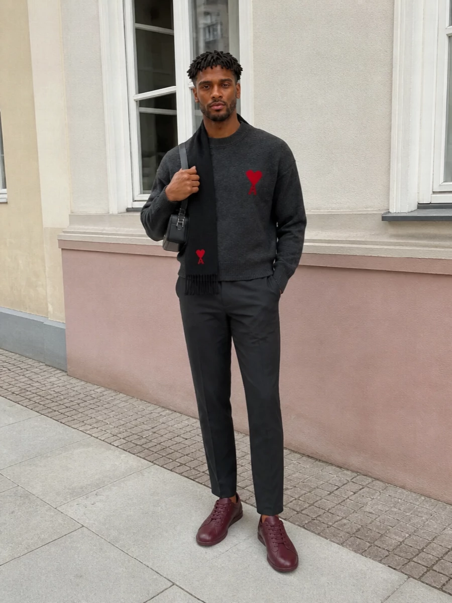 Ami paris charcoal sweater burgundy sneakers outfit