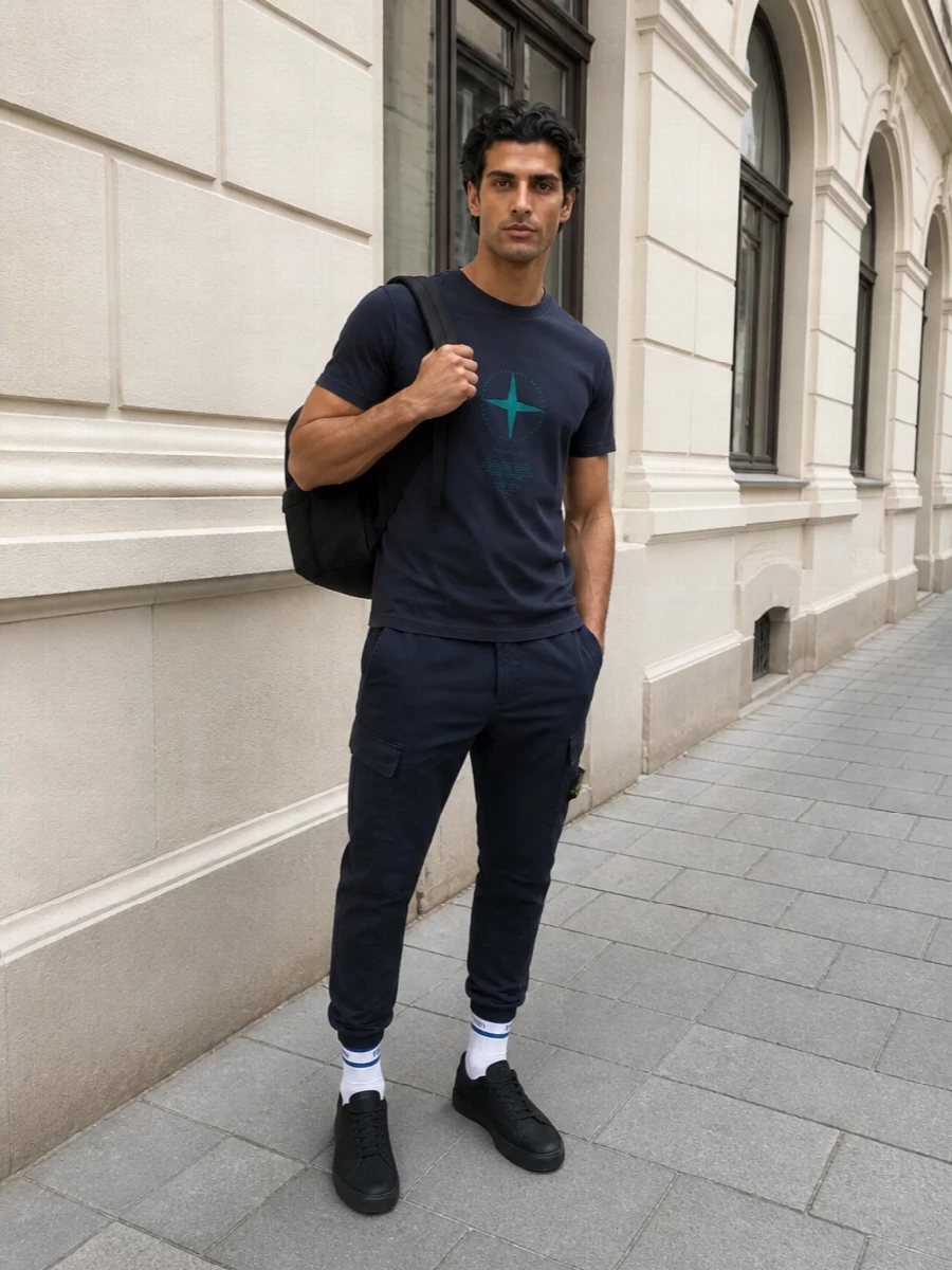 A deep navy Stone Island tee pairs with matching dark cargo trousers for a clean, technical streetwear uniform. All-black runners and a black backpack keep the line sharp and streamlined, while off-white striped socks add just enough contrast. The palette stays tight and urban, so the compass graphics do the talking without the outfit ever feeling loud.