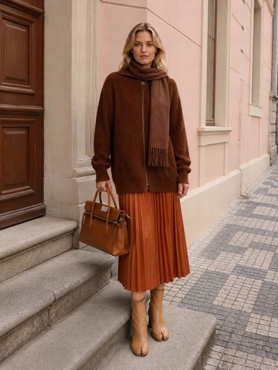 Maison margiela brown cardigan pleated midi skirt
