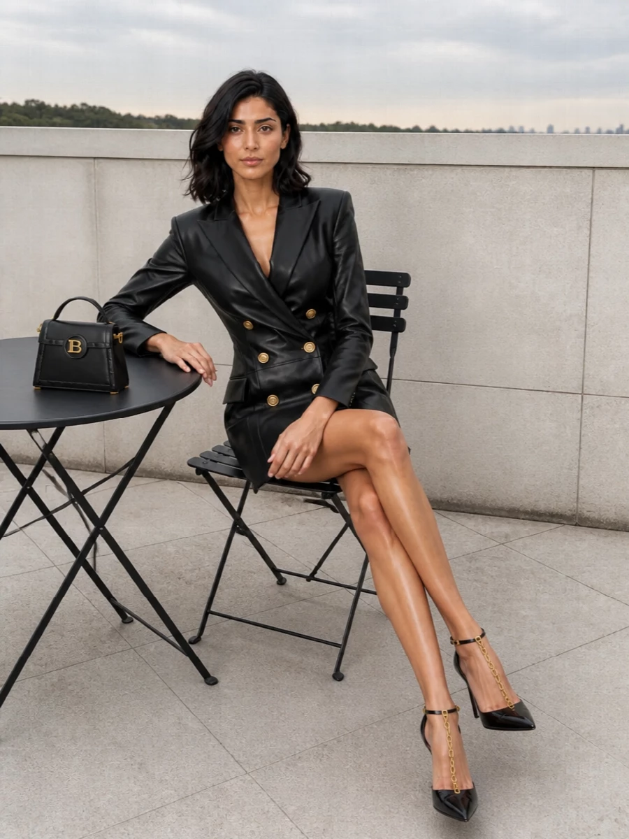 Balmain black blazer mini dress gold heels