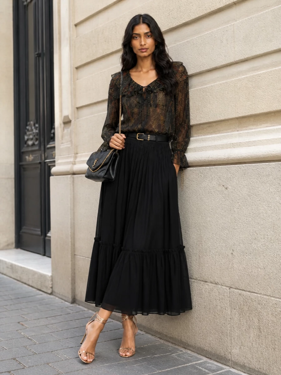 Saint laurent sheer blouse black maxi skirt outfit