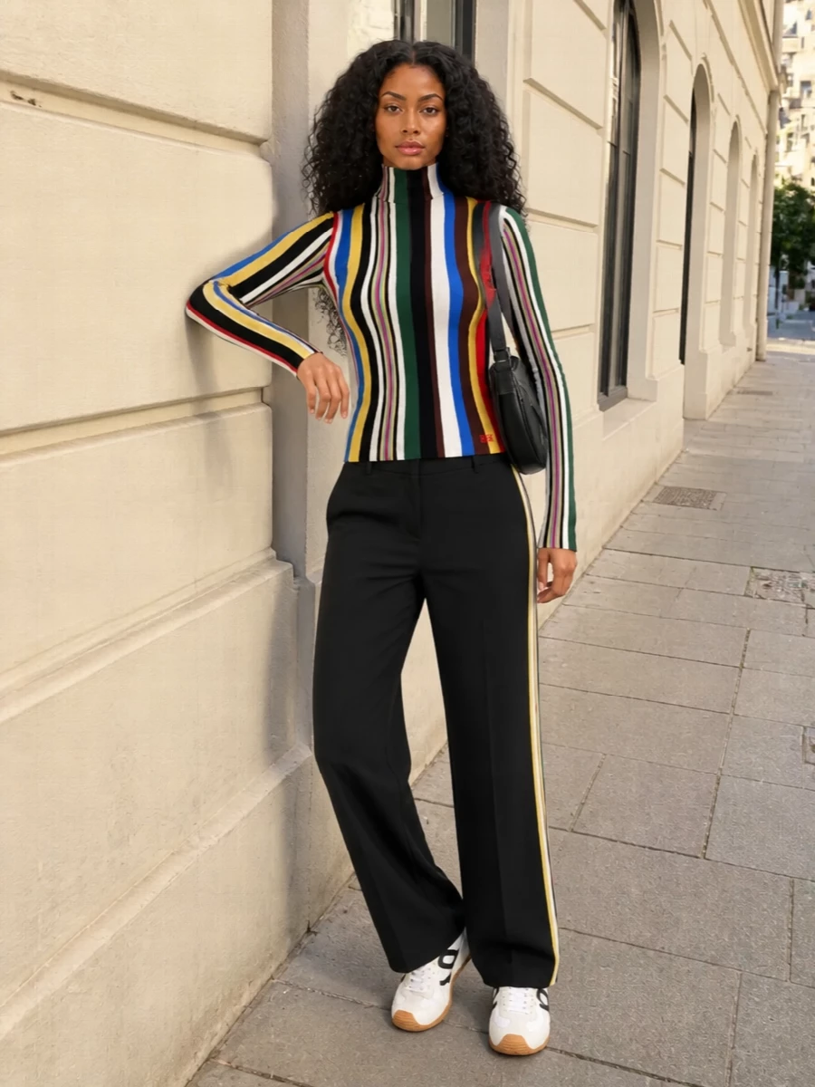 Loewe’s wavy striped knit meets tailored track-inspired trousers for a graphic, elongating column of colour that still feels precise. Off-white logo sneakers keep the energy relaxed and city-ready, while a curved black saddle bag adds a clean, luxe counterpoint to all the playfulness. It is an easy, confident way to do colour and sport without losing polish.